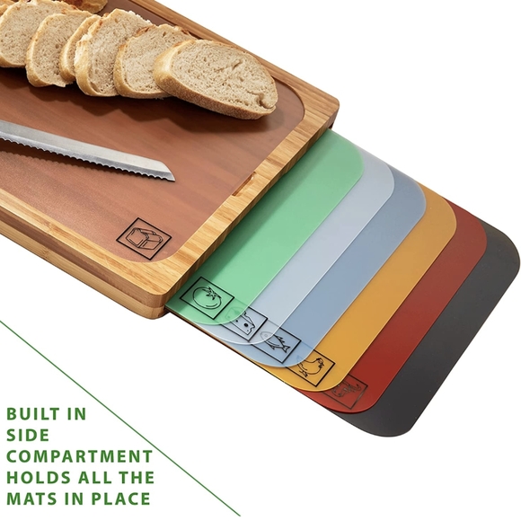 Classic Bamboo Premium Wood Cutting Board Serving Tray w/ 7 Color-Coded Mats - Picture 4 of 4